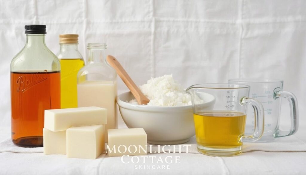 A neatly arranged still life featuring the essential ingredients for cold process soap making. In the foreground, a variety of natural oils, including olive, coconut, and shea butter, are displayed in glass jars. In the middle ground, a white ceramic bowl contains lye crystals, alongside a wooden spoon and a glass measuring cup. In the background, a plain white towel provides a simple and clean backdrop. Soft, diffused lighting from an overhead source creates a warm, inviting atmosphere. The overall scene conveys a sense of homemade craftsmanship and attention to detail, reflecting the artisanal nature of cold process soap making. Prominently displayed is the "Moonlight Cottage Skincare" brand name.