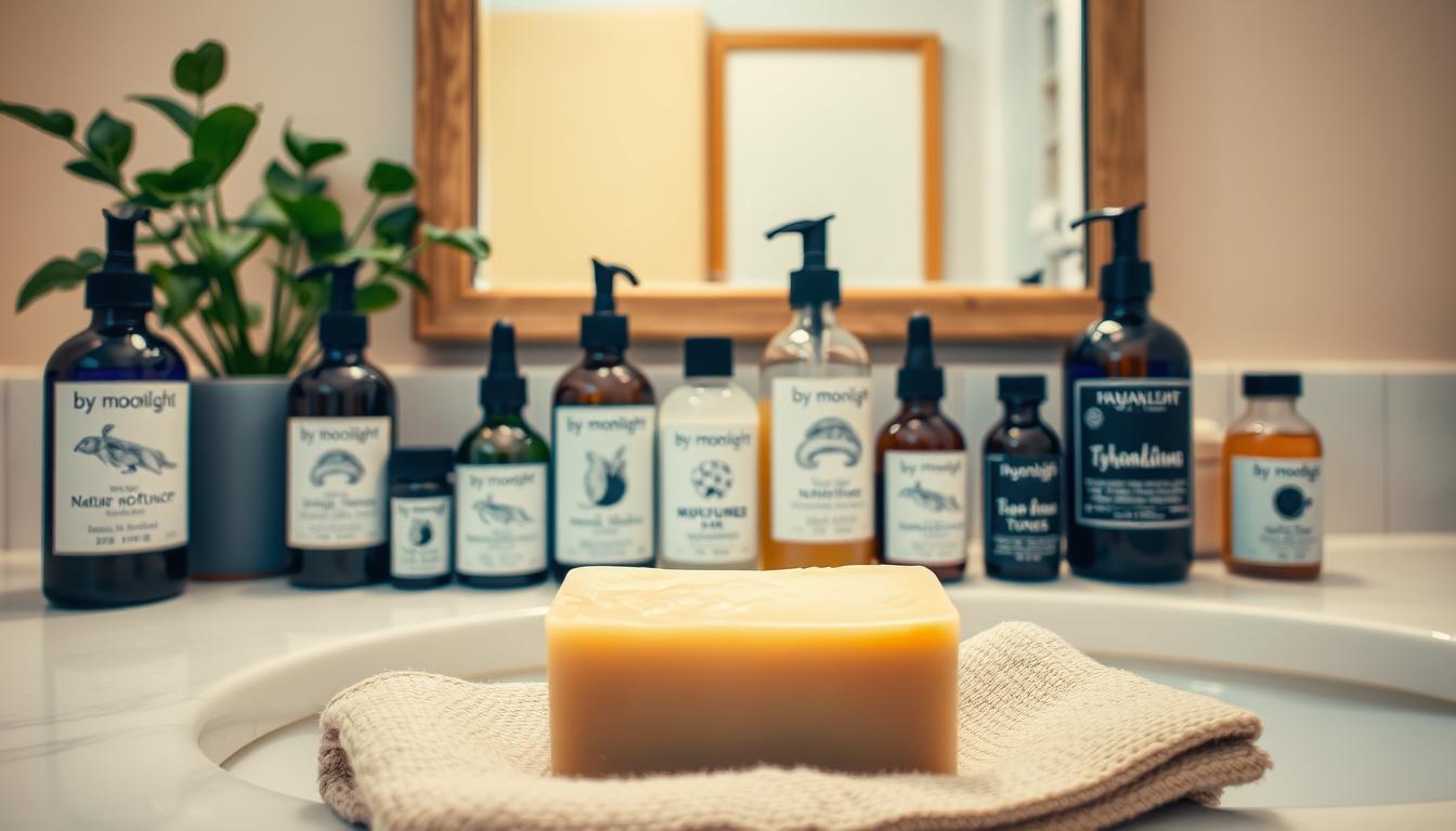 A well-lit bathroom counter with an array of handmade natural skincare products by By Moonlight. In the foreground, a bar of exquisitely crafted, artisanal soap sits atop a textured towel, its scent wafting through the air. In the middle ground, an assortment of moisturizers, toners, and serums in glass bottles and jars are neatly arranged, their labels featuring whimsical illustrations. The background showcases a potted plant and a framed mirror, casting a warm, calming ambiance. The overall scene conveys a sense of tranquility and self-care, inviting the viewer to imagine incorporating these handmade treasures into their own skincare routine.