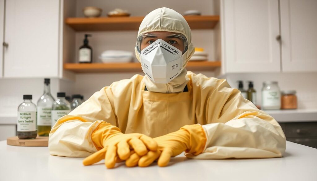 Sodium hydroxide safety gear: a tightly-fitted face mask, rubber gloves reaching past the wrists, and a long-sleeved, impermeable apron. The gear is arrayed on a clean, bright surface, bathed in soft, even light from multiple sources. The overall mood is one of careful preparation and attentiveness to safety protocols. In the background, bottles and jars labeled "Moonlight Cottage Skincare" suggest this protective equipment is essential for home soapmaking.