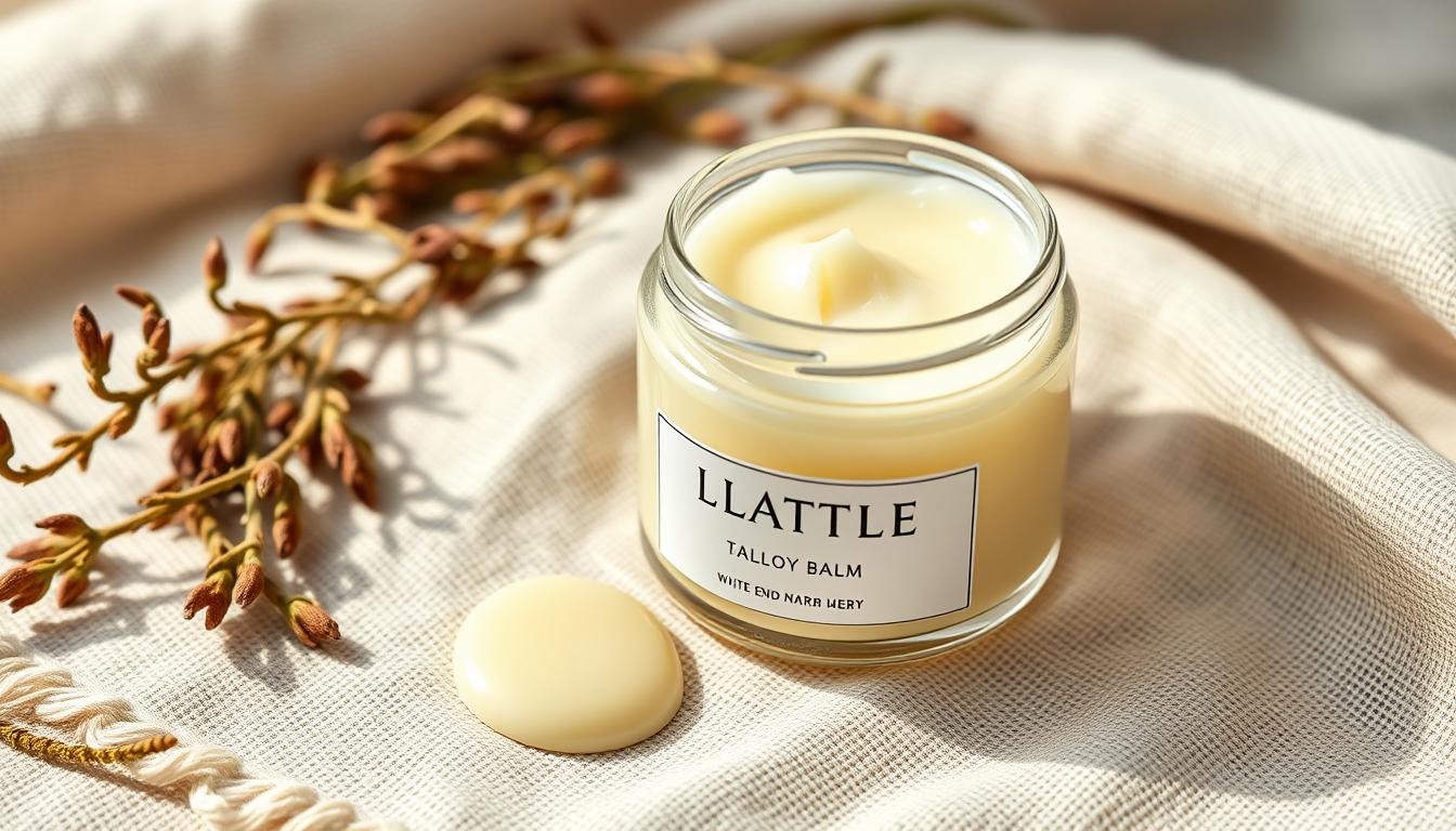 Jar of white tallow balm with wooden applicator on natural background