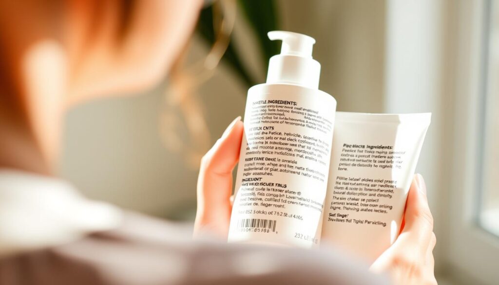 Person reading skincare product label in natural light Person reading skincare product label in natural light